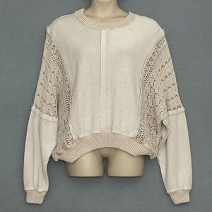 Generation K Womens Sweater XL Oversized Beige Mixed Crochet Sweatshirt Boho